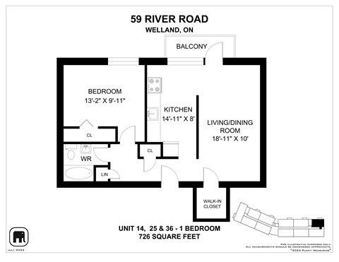 Floor plan for 1 bed, 1 bath, 686 sqft